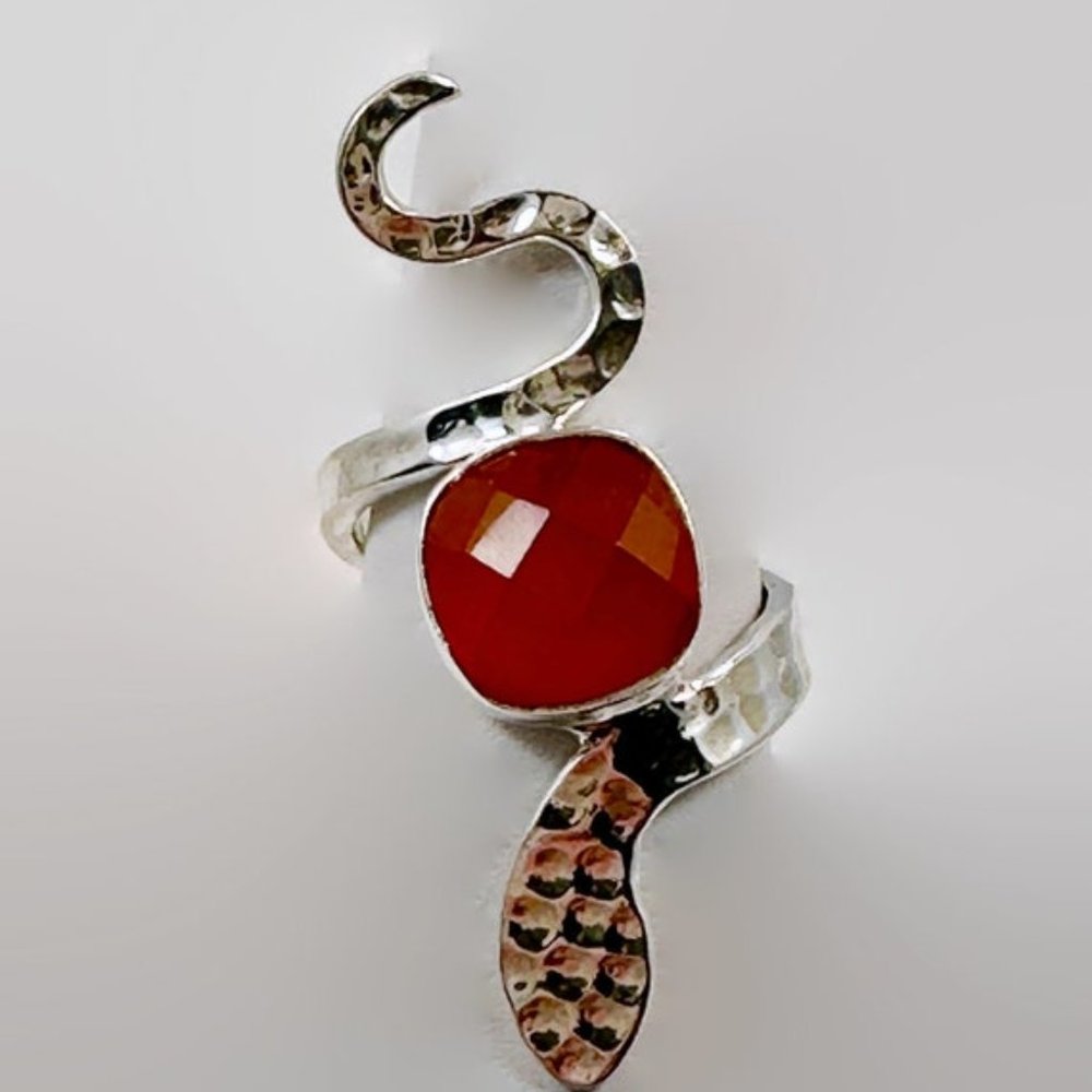 Snake Ring, Sterling Silver, Carnelian, Faceted Stone, Size 6 1/2, Handmade - Picture 4 of 7